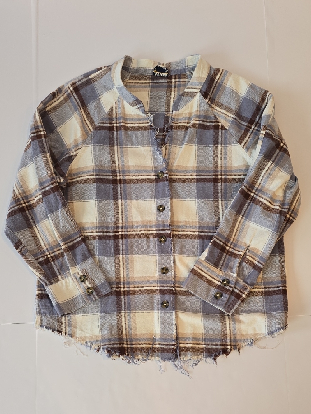 ARULA Women's Size 3x Plaid Button-Front Shacket in Blue, Cream & Brown BU1